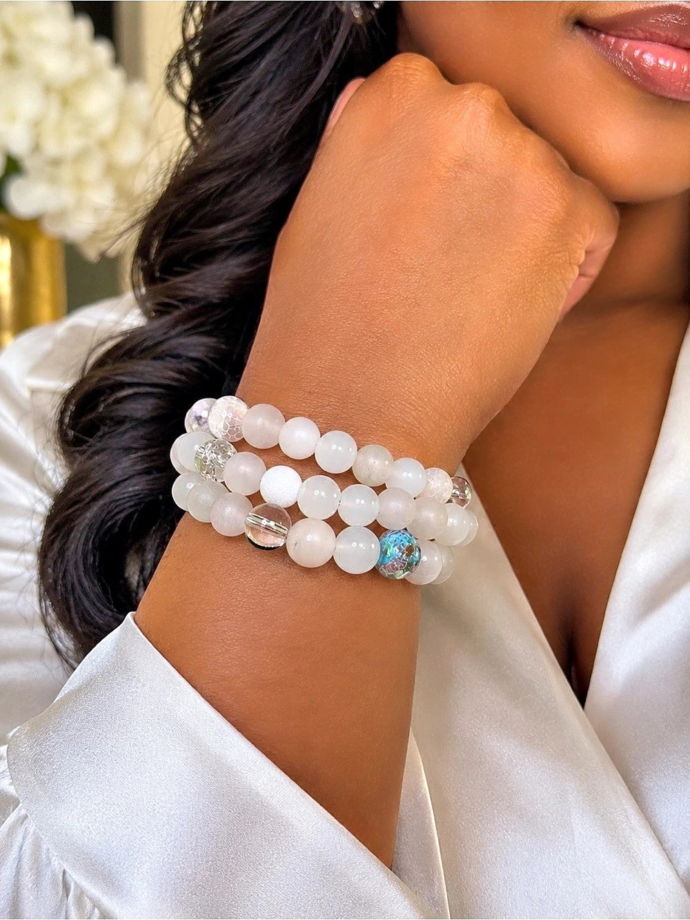 Beaded Bracelet Stack in White & Blue